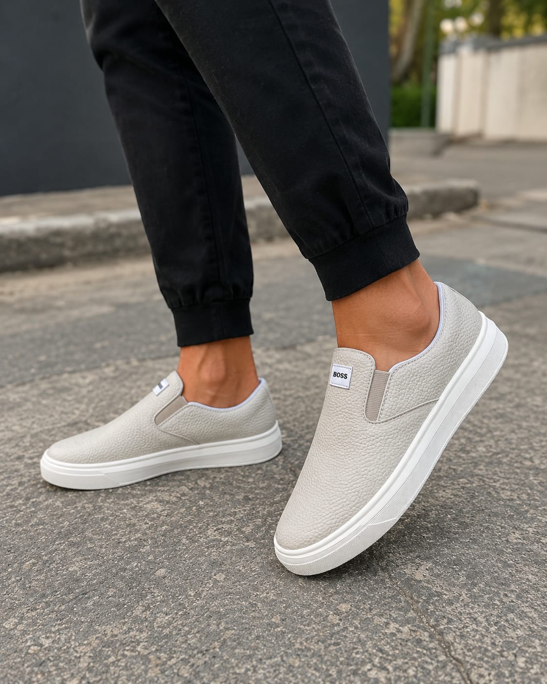 Tênis Boss Slip On Casual Masculino Branco Confortável Sem Cadarço Solado Antiderrapante para Dia a Dia