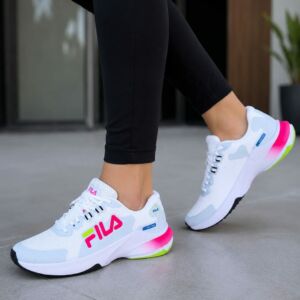 Tênis Esportivo Fila Feminino Branco/Rosa/Limão – Leve, Confortável e Respirável para Caminhada, Academia e Uso Diário