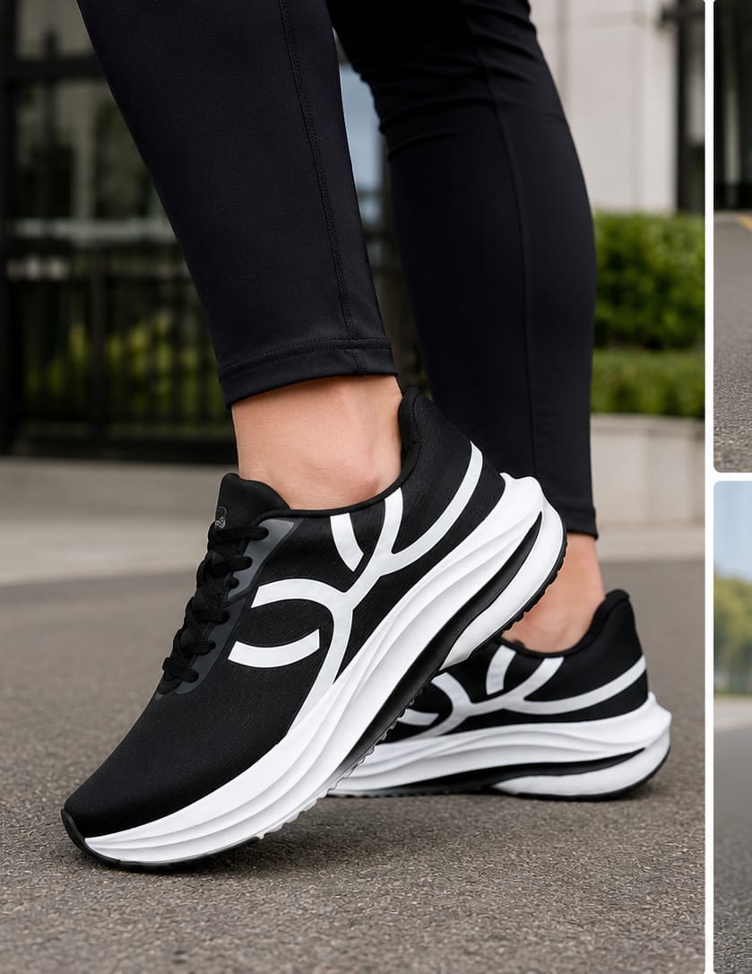 Tênis Esportivo Preto com Branco – Academia, Caminhada, Corrida Leve e Uso Casual - Imagem 4