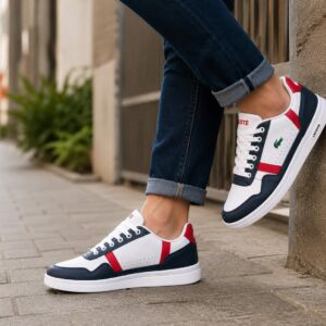 Tênis Casual Masculino Branco, Azul-Marinho e Vermelho – Conforto e Estilo para o Dia a Dia