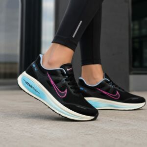 Tênis Esportivo ZoomX Preto com Detalhes Rosa e Azul para Caminhada, Corrida e Academia