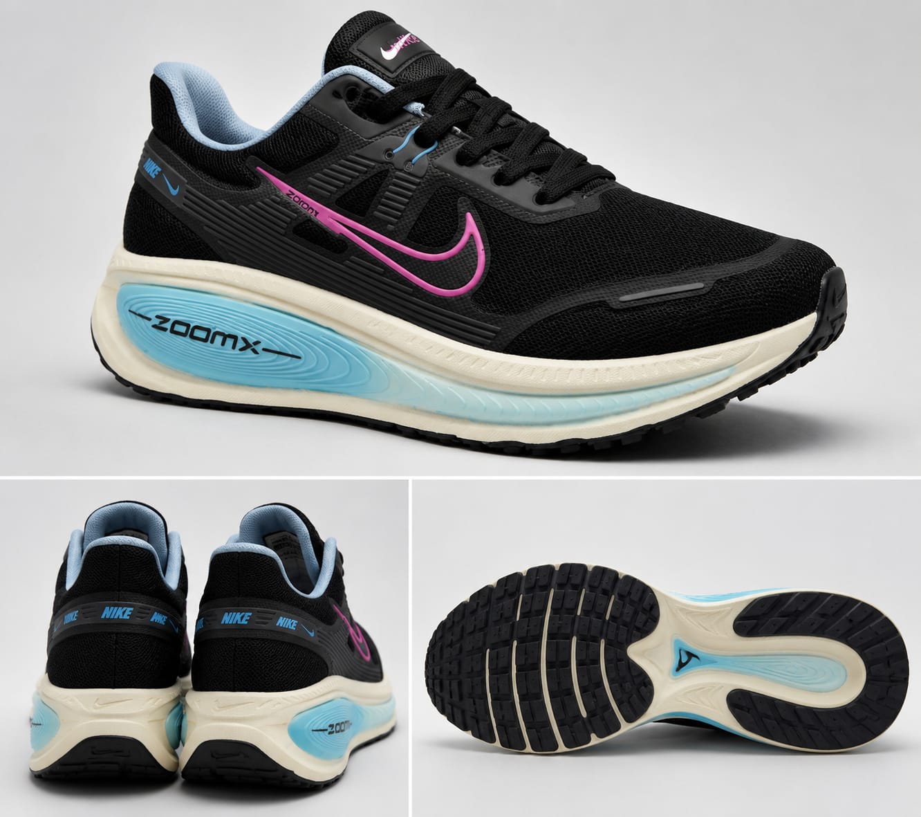 Tênis Esportivo ZoomX Preto com Detalhes Rosa e Azul para Caminhada, Corrida e Academia - Imagem 3
