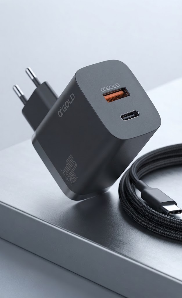 Carregador Turbo A'Gold CA42-3 40W USB-C PD + USB-A com Cabo Tipo-C 1m Bivolt Pret - Imagem 2