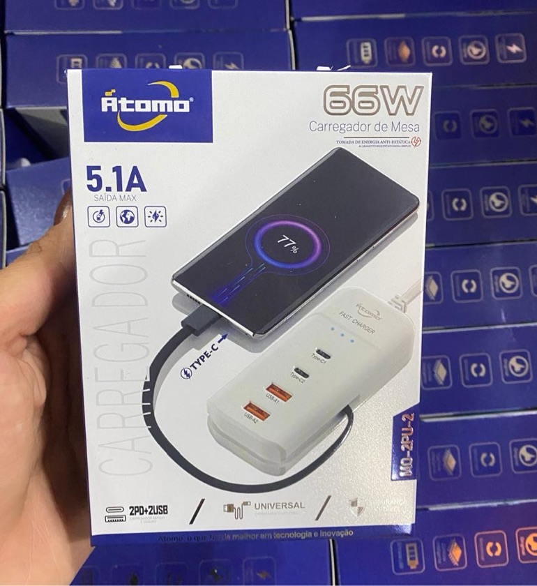Carregador de Mesa Átomo MO-2PU-2 66W Turbo 4 Portas USB-C PD USB-A Bivolt
