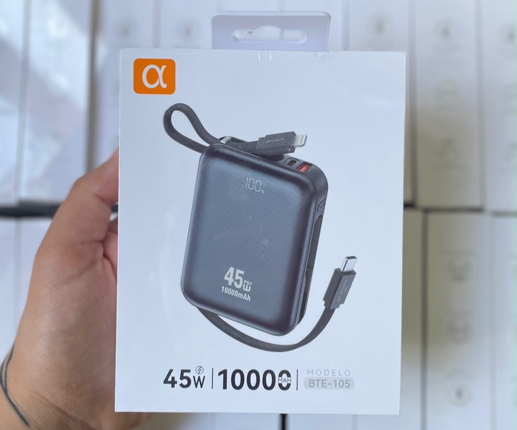 Carregador Portátil A'Gold Pro BTE-105 45W 10.000mAh com Cabos Integrados USB-C e Lightning