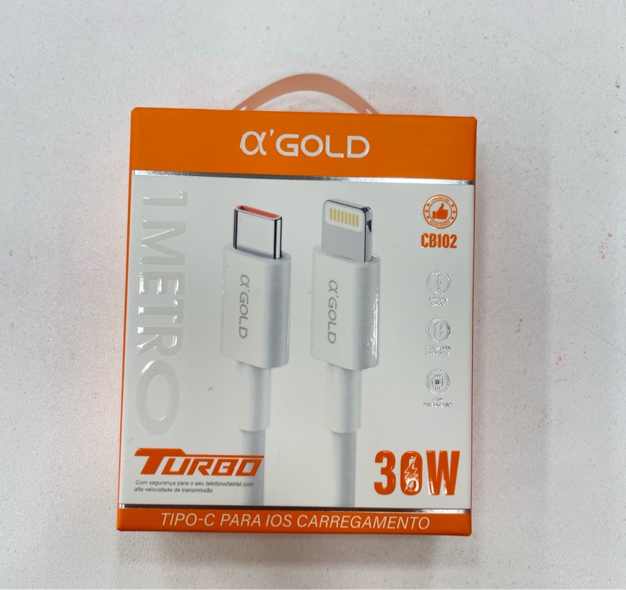 Cabo USB-C para Lightning A'Gold CB102 30W PD Turbo 1m para iPhone