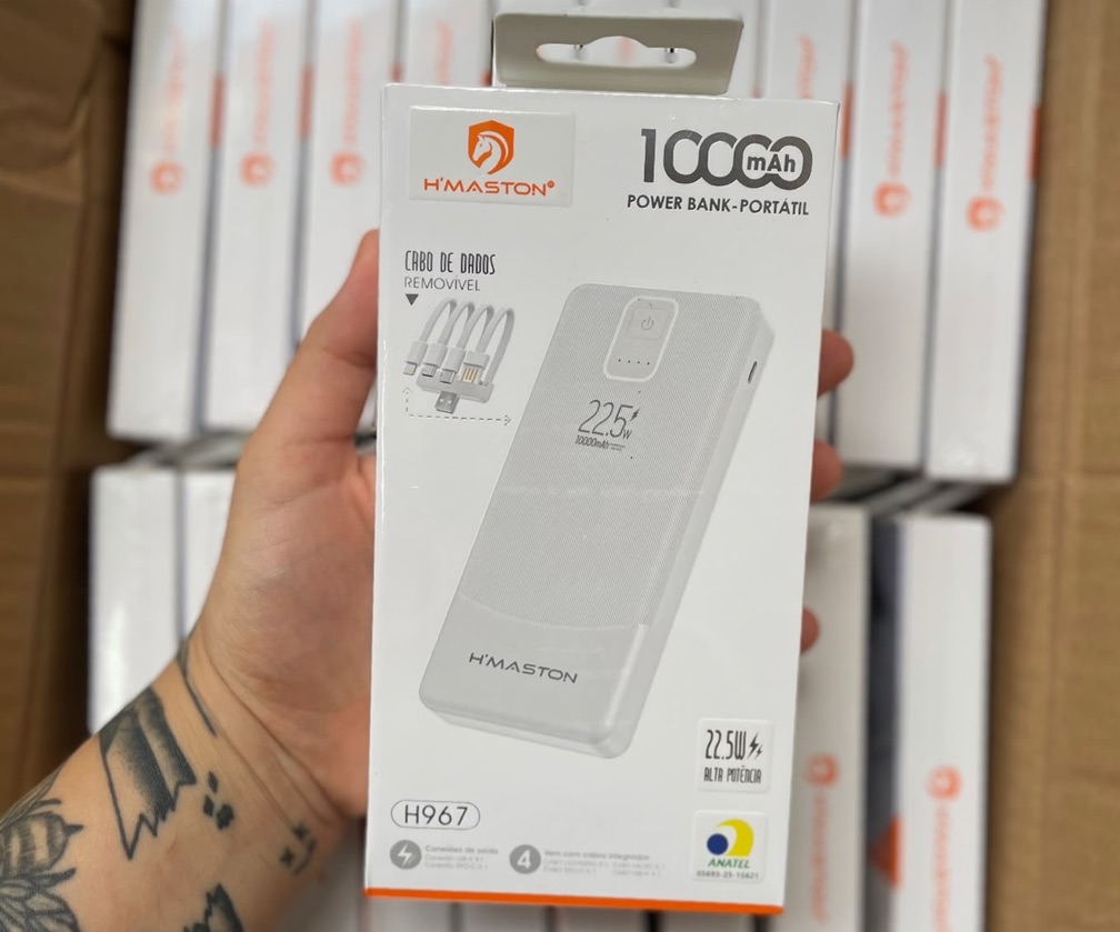 Carregador Portátil H’MASTON H967 10.000mAh 22,5W Turbo com Cabos Integrados e Display Digital