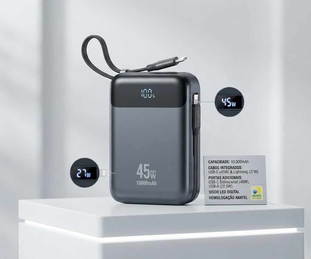 Carregador Portátil A'Gold Pro BTE-105 45W 10.000mAh com Cabos Integrados USB-C e Lightning - Imagem 2