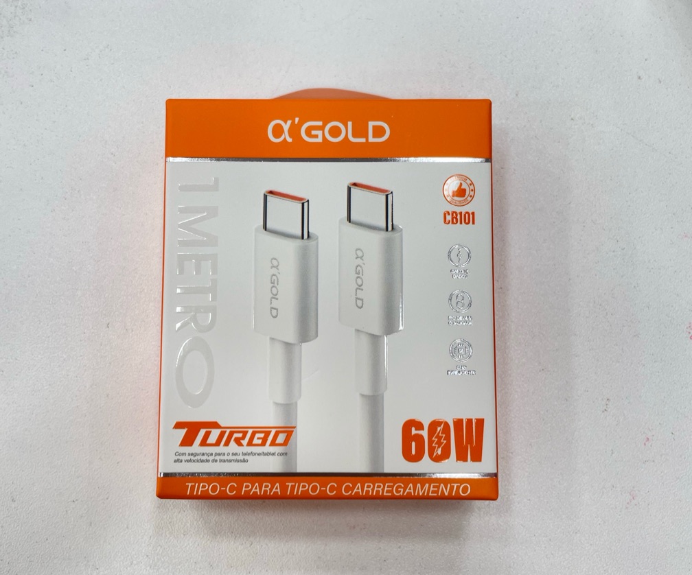 Cabo A'Gold CB101 USB-C para USB-C 60W PD Turbo 1 Metro Carregamento Rápido