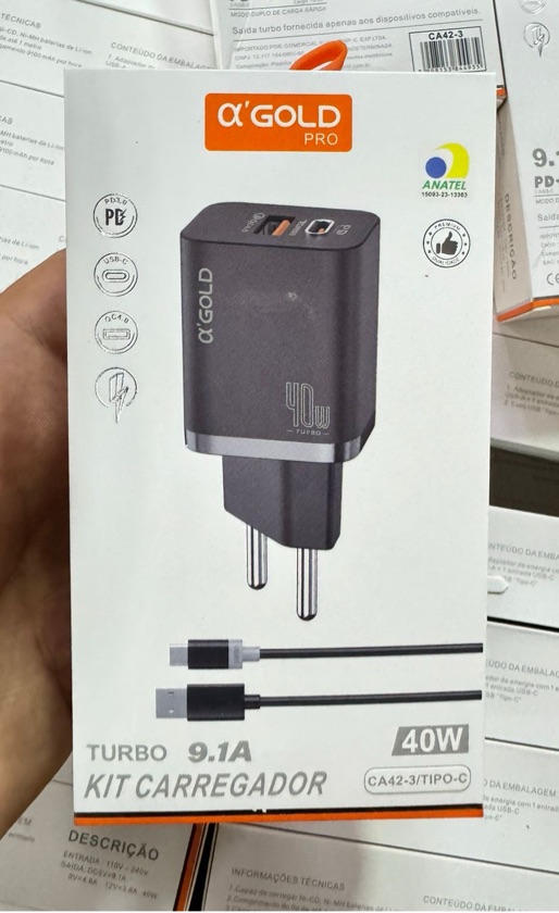 Carregador Turbo A'Gold CA42-3 40W USB-C PD + USB-A com Cabo Tipo-C 1m Bivolt Pret
