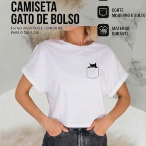 Camiseta Unissex Gato no Bolso - Estampa Minimalista Criativa 100% Poliéster