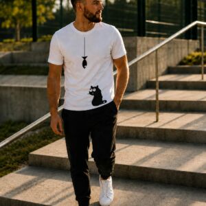 Camiseta Unissex Gato Curioso & Peixe – Blusa Estampada Confortável Casual 100% Poliéster (Masculina e Feminina)