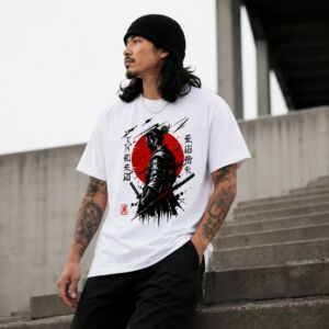 Camiseta Samurai Japonesa – Estampa Oriental com Guerreiro Samurai e Sol Vermelho