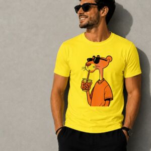 Camiseta Unissex Amarela Pantera de Óculos Estampada DTF 100% Algodão Fio 30