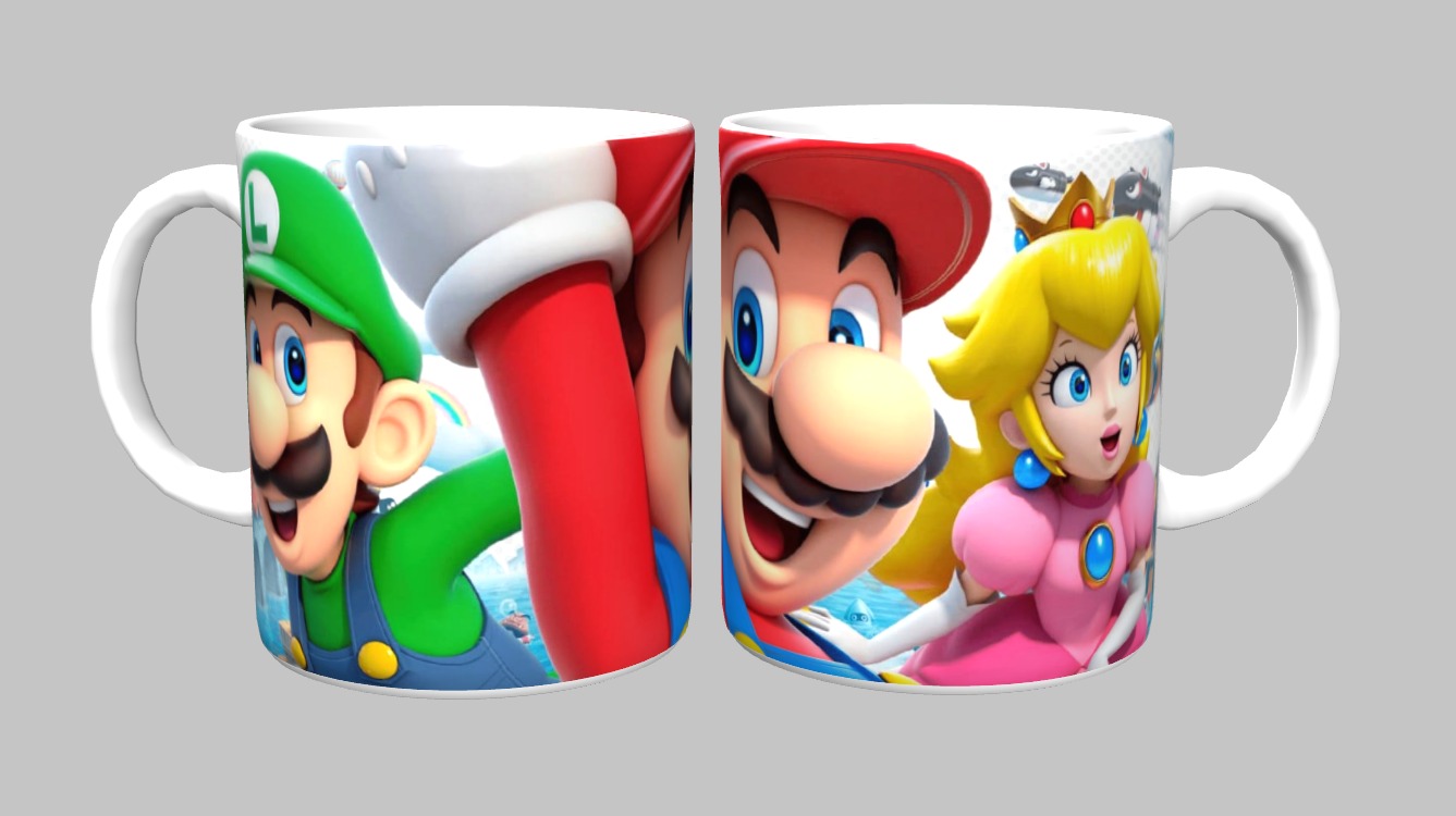 Caneca Mario 325ml Porcelana Branca Sublimada – Luigi, Mario e Princesa Peach