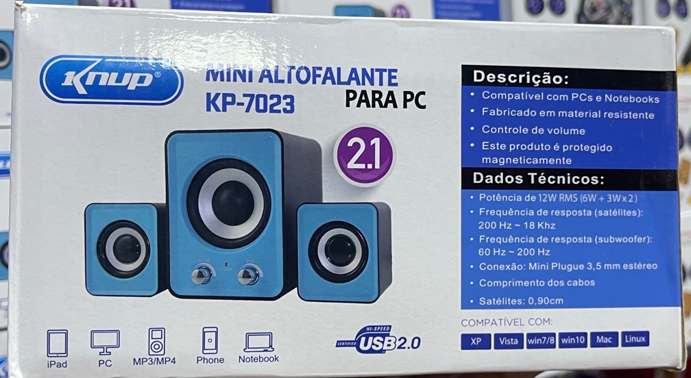 Caixa de Som Knup KP-7023 2.1 12W RMS com Subwoofer USB P2 para PC e Notebook