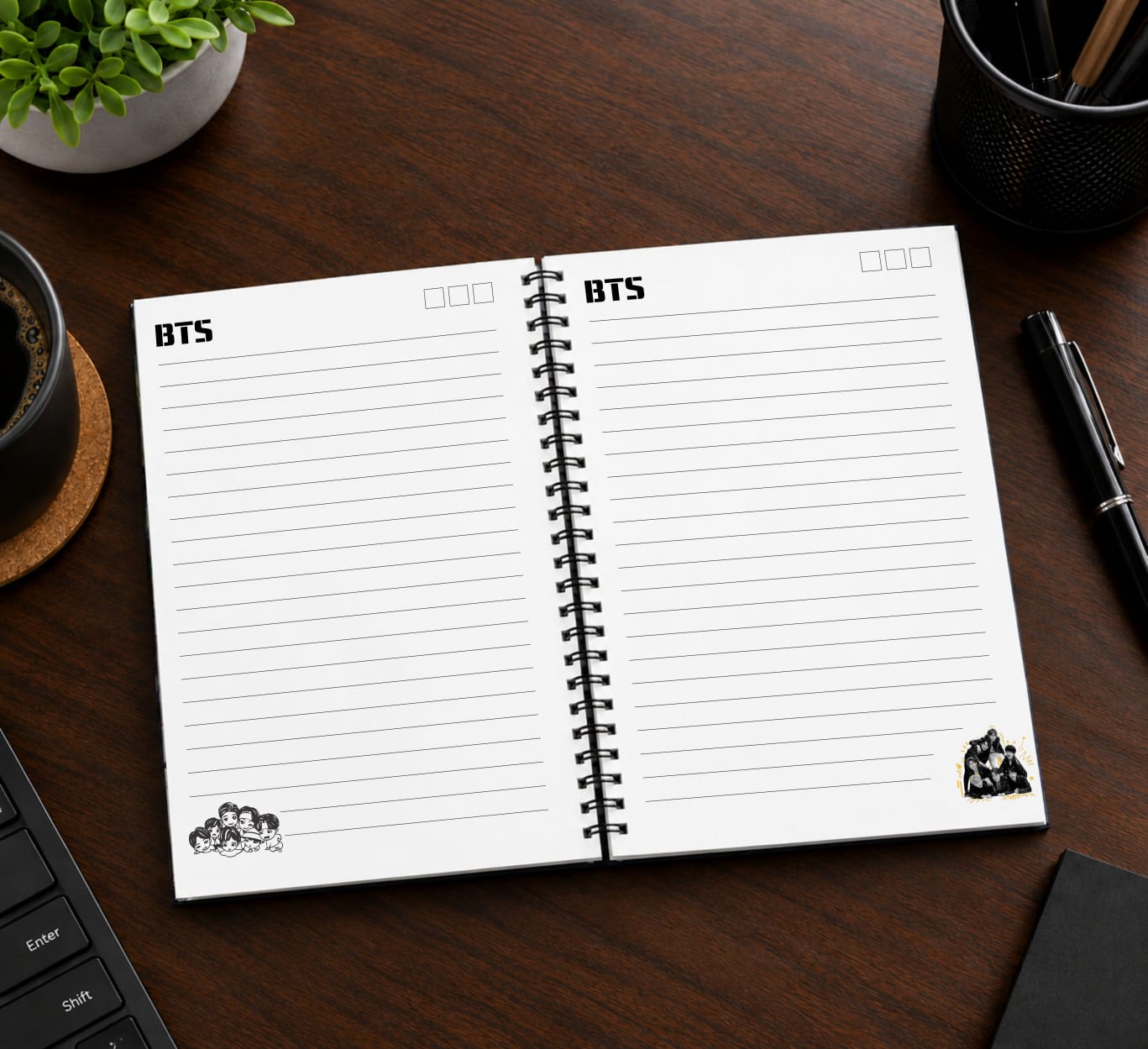 Kit BTS K-Pop Completo Caderno + Chaveiro NFC + Adesivos + Marcador de Página - Imagem 10