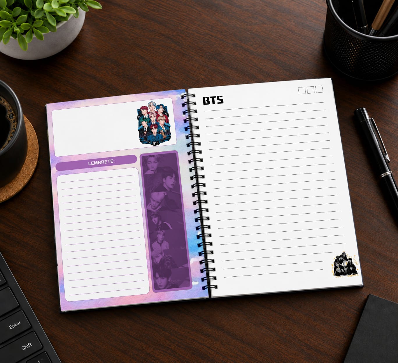 Kit BTS K-Pop Completo Caderno + Chaveiro NFC + Adesivos + Marcador de Página - Imagem 9