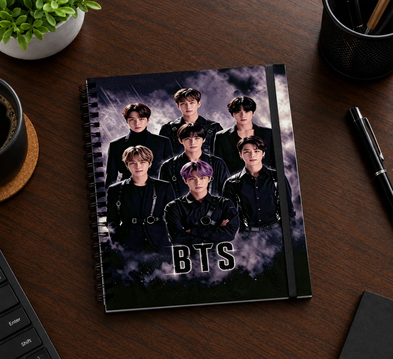 Kit BTS K-Pop Completo Caderno + Chaveiro NFC + Adesivos + Marcador de Página